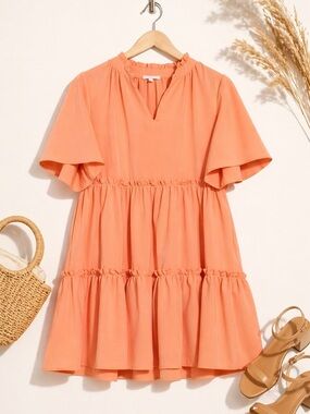 NWT Area Stars Coral Tiered Trapeze Dress Split Neck Flutter Sleeve Pockets M